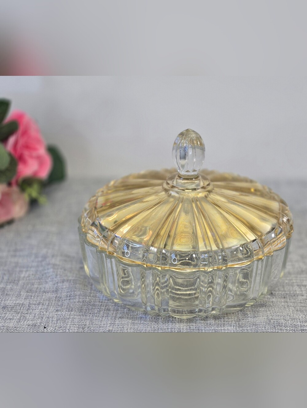 Vintage 1930s Anchor Hocking Spiderweb Marigold Carnival Glass Lidded Candy Dish